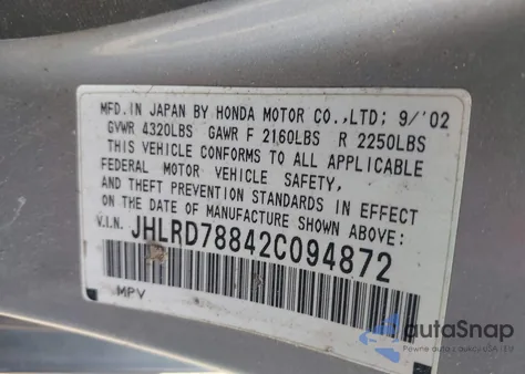 2002 Honda Cr-V Ex z USA, uszkodzony, nr VIN JHLRD78842C094872